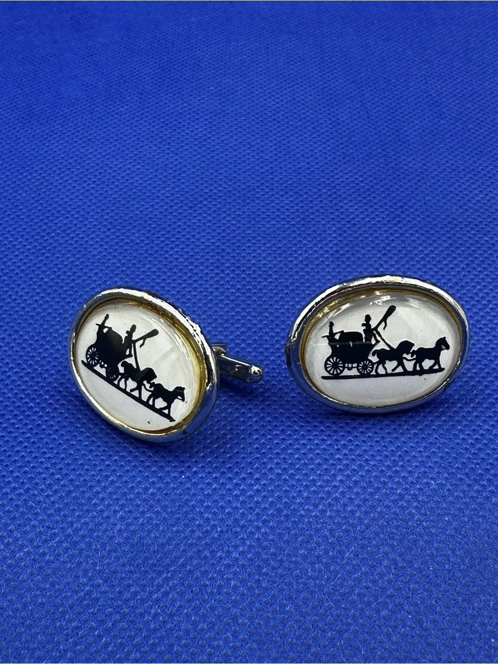 Gold-Tone Horse & Carriage Silhouette Oval Cufflinks in White Inlay
